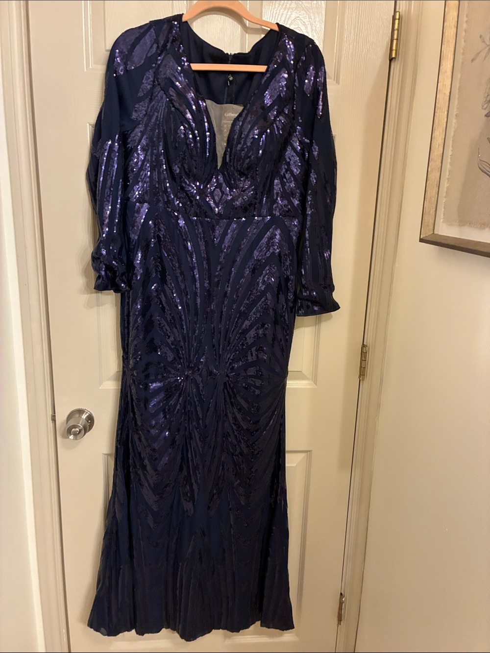 Navy Sequin Long‎ Sleeve Evening Gown